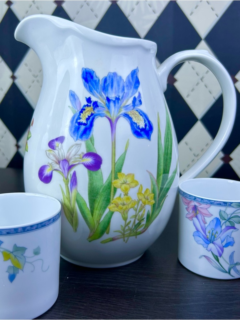 Iris Floral Porcelain Pitcher Large Noritake Jug Botanical 9” White Purple - Picture 1 of 11